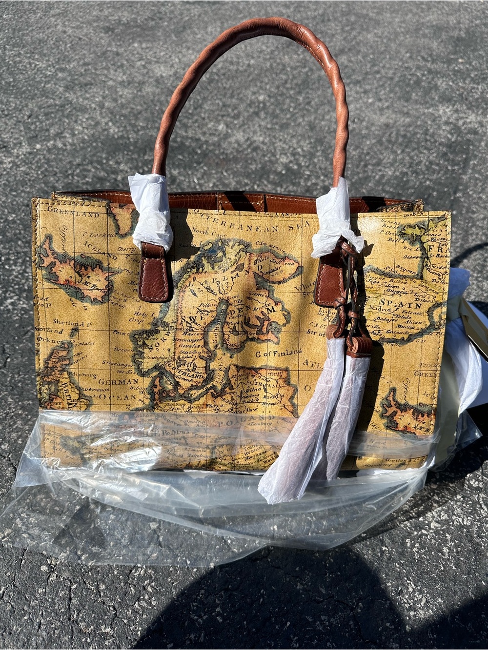 Map-Print Tote Bag with Brown Trim